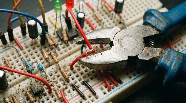 Macro close-up of worn wire cutters cutting a red wire on a dusty electronic breadboard circuit