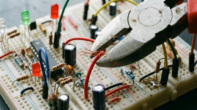 Macro close-up of worn wire cutters cutting a red wire on a dusty electronic breadboard circuit