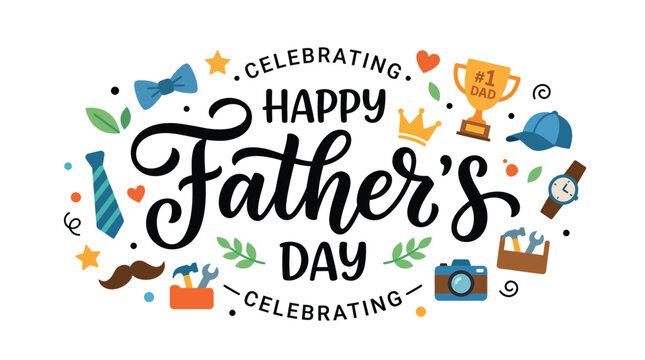 Happy Father's Day Hand Lettering Template with Leaves and Tools Decor
