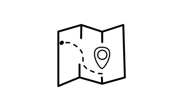 Line drawing animation of folded travel map with dashed route and location pin 