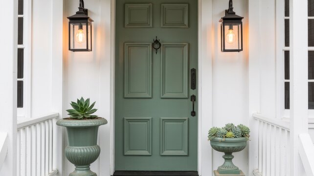 Green Front Door Entrance with Lanterns and Succulent Planters
