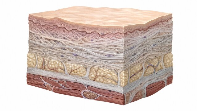 Anatomical model of connective tissue layers in neutral tones, medical illustration style.