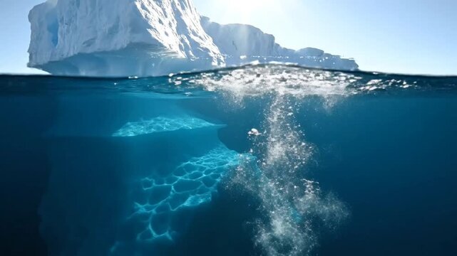 Submerged iceberg underwater with sunshine and water particles breaking from the surface creating a stunning visual display