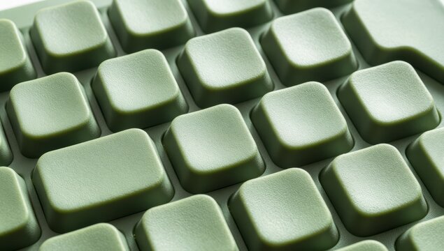 Macro close up of green mechanical keyboard keycaps texture in high quality plastic finish with soft natural lighting and shallow depth of field in office desk setting