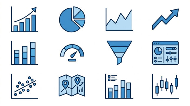 Collection of business and finance data visualization icons.