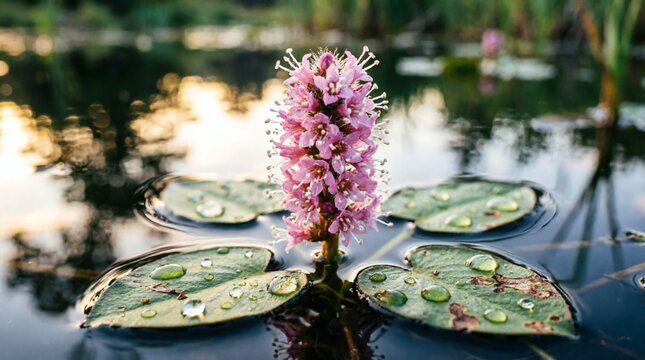 Vibrant pink water smartweed flower emerging from dark reflective pond water surrounded by green floating leaves with water droplets, natural wetland habitat, macro photography, golden hour lighting.
