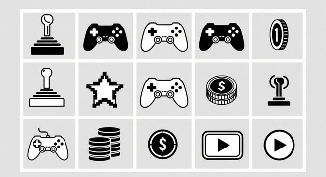 Collection of video game icons and symbols for digital media.