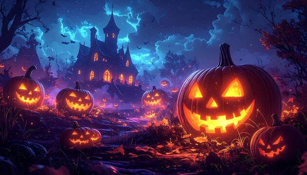 Spooky Halloween Night with Glowing Pumpkins.