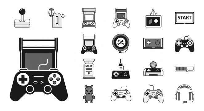 Collection of retro video game icons and controllers.