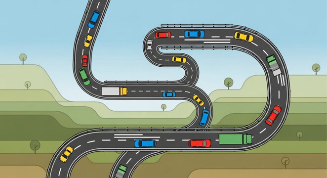 Busy highway interchange with many cars and trucks.