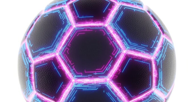 Neon Soccer Ball Vector Illustration with Glowing Stitching and Hexagonal Pattern