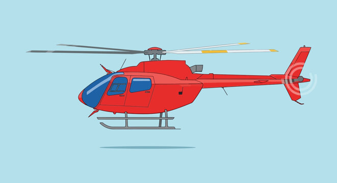 Modern Red Helicopter Illustration with Blue Accents and Rotor Blades on Light Blue Background
