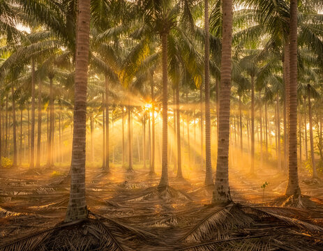 Tall coconut palm grove with trunks creating strong vertical lines, photographed at golden sunrise with light piercing horizontally