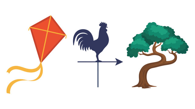 Colorful weather vane with rooster pointing to tree and kite flying in clear blue sky for outdoor adventure