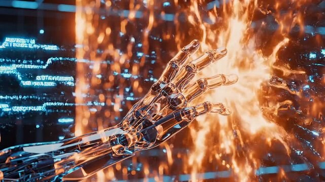 Chrome android reaches through firewall hologram, blue data stream colliding with orange plasma sparks as mechanical hand manipulates secure interface in hightech grid lab