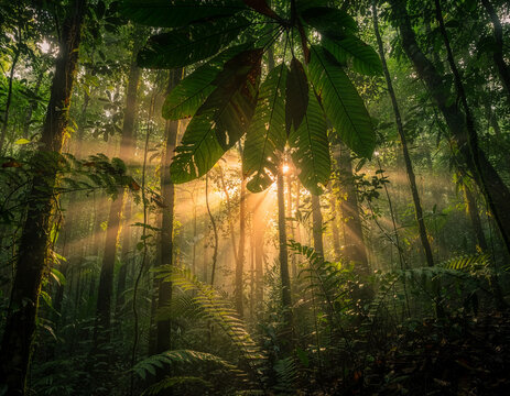 Looking up through dense tropical forest canopy, golden sunrise rays piercing through gaps in leaves creating dramatic light beams