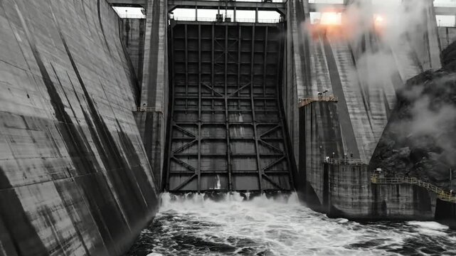 Powerful concrete dam releases water through the sluice gate generating a dramatic display of hydroelectric power