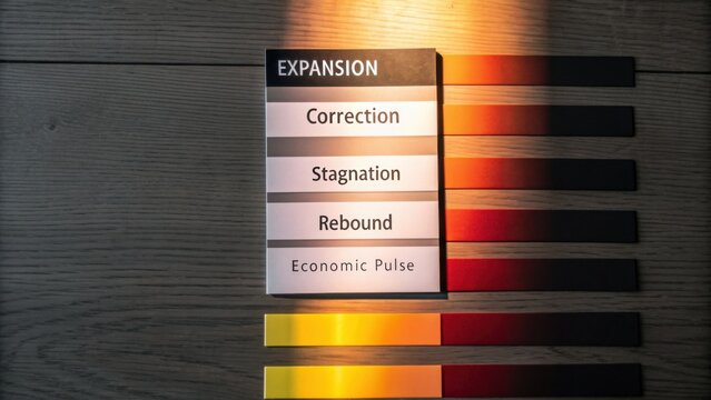 Economic pulse chart on wooden surface showing expansion, correction, stagnation, and rebound phases with colorful gradient strips indicating economic trends