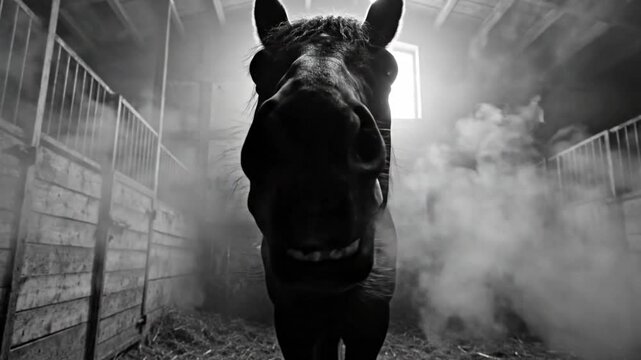 Black and White Close Up of a Horse in a Stable, Breathing with Dramatic Lighting and Shadowing