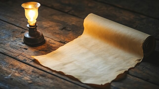extinguished. An old parchment scroll with a quill and oil lamp on a wooden table. event programs, museum guides, designed for cultural heritage projects and event programs, preserves heritage.