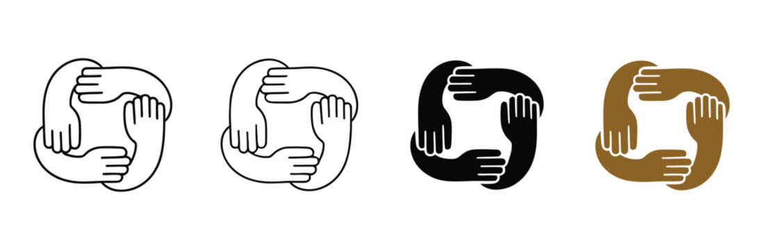 Teamwork and unity circle icon set, vector collection featuring holding hands symbols representing collaboration, partnership, community, support, and teamwork concepts