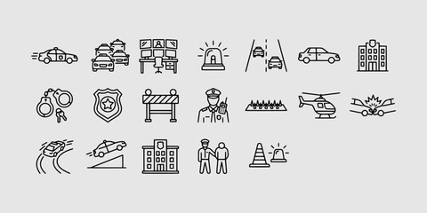 Icon set collection of police department operations including patrol cars, officers, handcuffs, barrier, station, helicopter, and traffic control elements. © Raka Firdaus 