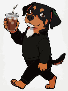 Anthropometric Rottweiler Dog Holding Iced Coffee Drink