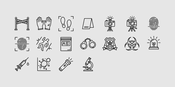 Icon set collection of forensic science and crime scene investigation equipment including fingerprints, evidence markers, and lab tools.