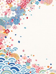 Obraz premium 和風の花と波模様
