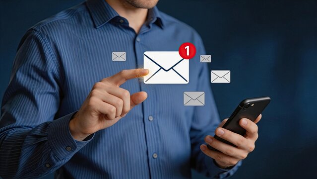 Man interacting with floating email icons and notification badge on smartphone, depicting digital communication, messaging apps, inbox management, and modern mobile connectivity