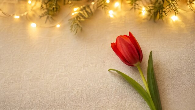A single red tulip resting on a beige fabric surface, creating a warm and festive atmosphere.