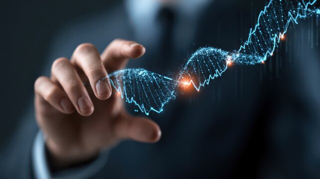 Businessperson assembling a DNA helix model using market trend data, symbolizing innovation and analytics in business and science integration.