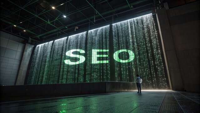 Man Standing in Front of a Waterfall Displaying "SEO" Text with Green Light in a Modern Urban Environment at Night