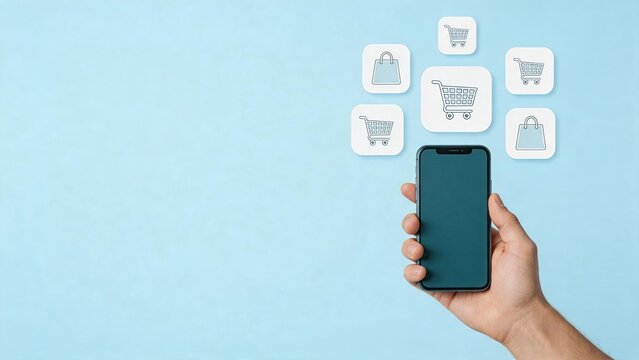 Hand holding smartphone with shopping cart icons floating above screen, mobile ecommerce application, online retail store concept, digital payment method, consumer buying behavior