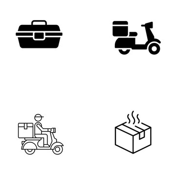 Food Courier Delivery Icons Set &ndash; Fast Takeaway Rider Outline and Glyph Vector Pack