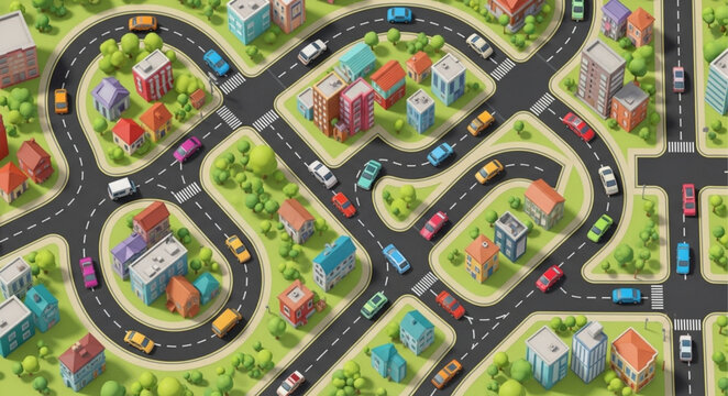 Busy cartoon city traffic intersection with cars and buildings.