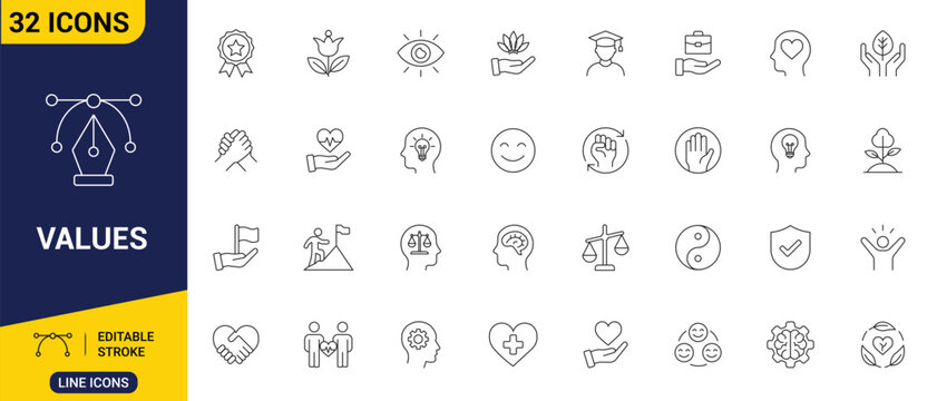 Values set icon collection of clean outline symbols representing balanced scales, guiding compasses, quality stars, and trust hands.