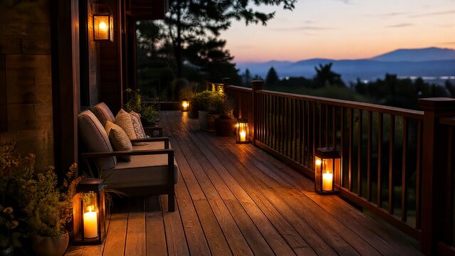 Wooden deck at twilight with warm ambient lighting, offering a peaceful and atmospheric outdoor setting.