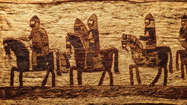chivalry. Close-up detail of an ancient tapestry with knights on horseback. event programs, museum guides, designed for cultural heritage projects and event programs.