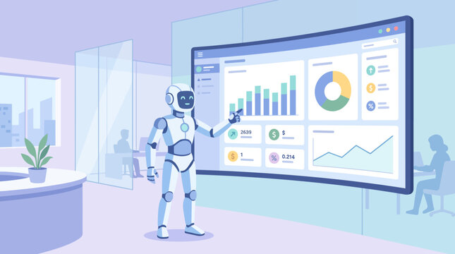 Robot presenting data analysis on a large curved screen in an office setting.