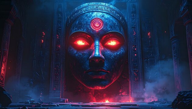An ancient, enigmatic stone face with piercing red glowing eyes looms in a dimly lit, forgotten temple, radiating an ominous and mystical presence in a realm of dark fantasy