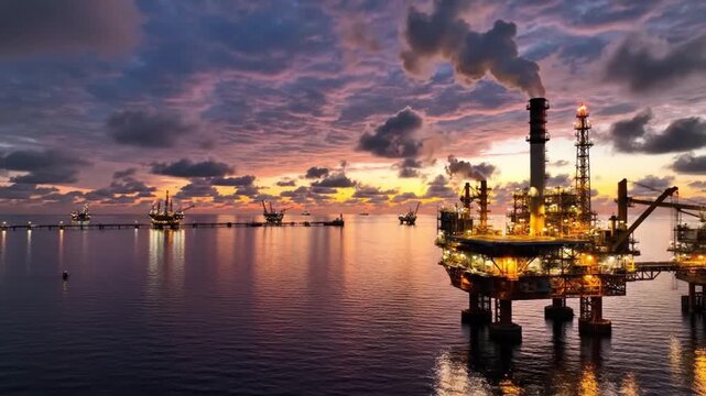 Oil rigs operate in the ocean at sunset with cloudy skies reflected on water
