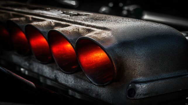 manifold. Extreme close-up of vintage racing engine manifold with glowing exhaust pipes. product launch decks, UI/UX mockups, designed for product launches and innovation pitches.