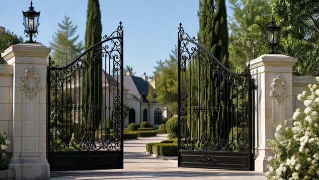 Elegant wrought iron entrance gate of a luxury residence against a blue sky.