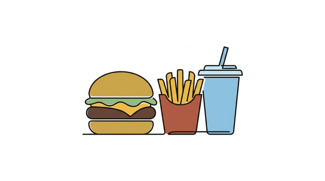 A delicious hamburger with french fries and a soda drink.