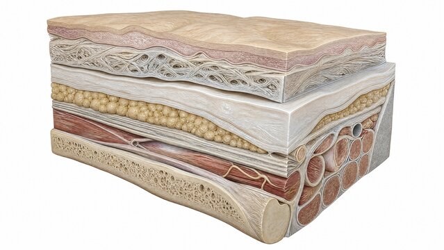 Anatomical model of connective tissue layers in neutral tones, medical illustration style.