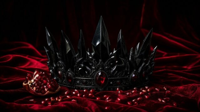 Obsidian crown and pomegranate seeds on crimson velvet in dramatic lighting.