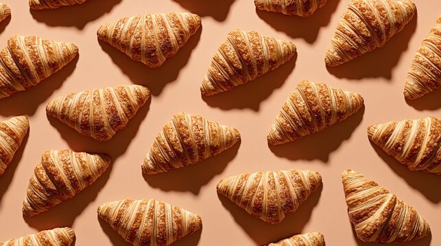 Multiple fresh golden baked croissants evenly arranged in neat grid pattern on warm light peach background with soft natural drop shadows