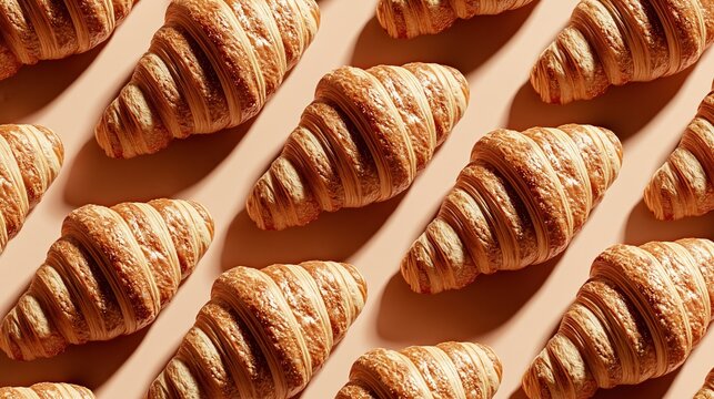 Fresh baked golden croissants with visible flaky layers arranged on warm light peach background with soft natural light from overhead direction