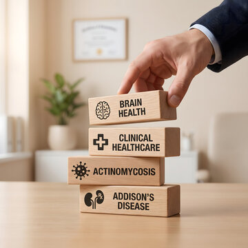 Hand placing wooden blocks labeled brain health clinical healthcare actinomycosis addisons disease transparent background